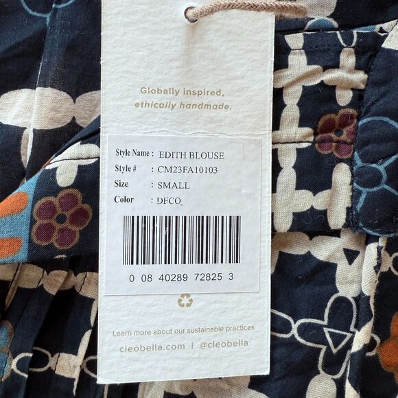 NWT Cleobella Edith Long Sleeve Blouse in Deco Black Blue Orange Cream Size S - Picture 8 of 13